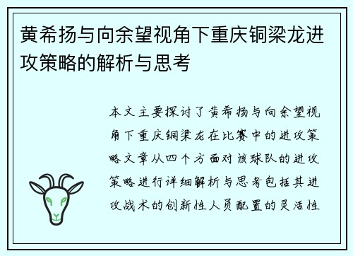 黄希扬与向余望视角下重庆铜梁龙进攻策略的解析与思考
