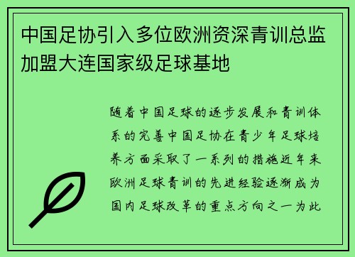 中国足协引入多位欧洲资深青训总监加盟大连国家级足球基地 中国足协引入多位欧洲资深青训总监加盟大连国家级足球基地