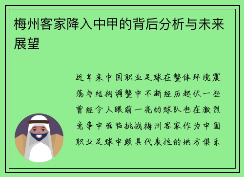 梅州客家降入中甲的背后分析与未来展望